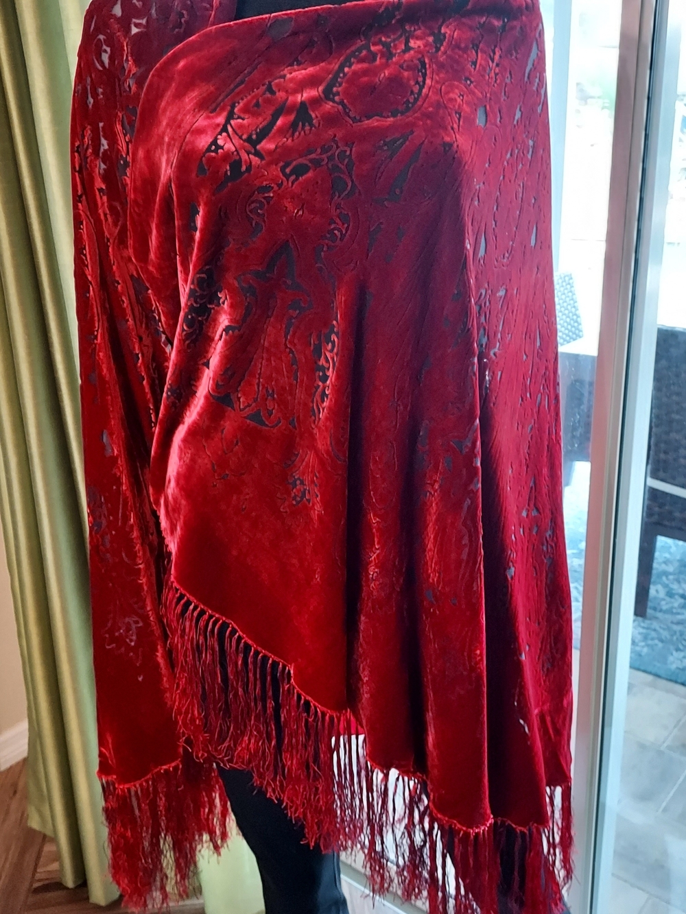 Luxurious Red Velvet Fringe Burn- Out Wrap Women's Accessory. 70 X 38 - Picture 2 of 11